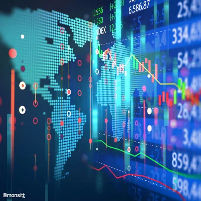 financial charts and world map