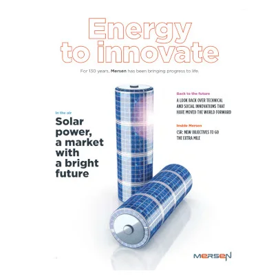 batteries with solar panel as Mersen magazine cover image