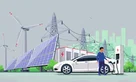 image with electric vehicle, solar panels and wind turbines